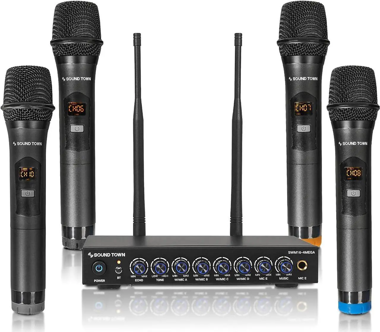 Main image of Sound Town 200 Channels Wireless Microphone  Mixer System, with 4 Metal Handheld Microphones, Optical (Toslink), AUX, for Smart TV, Home Theater, Sound Bar (SWM16-4MEGA)