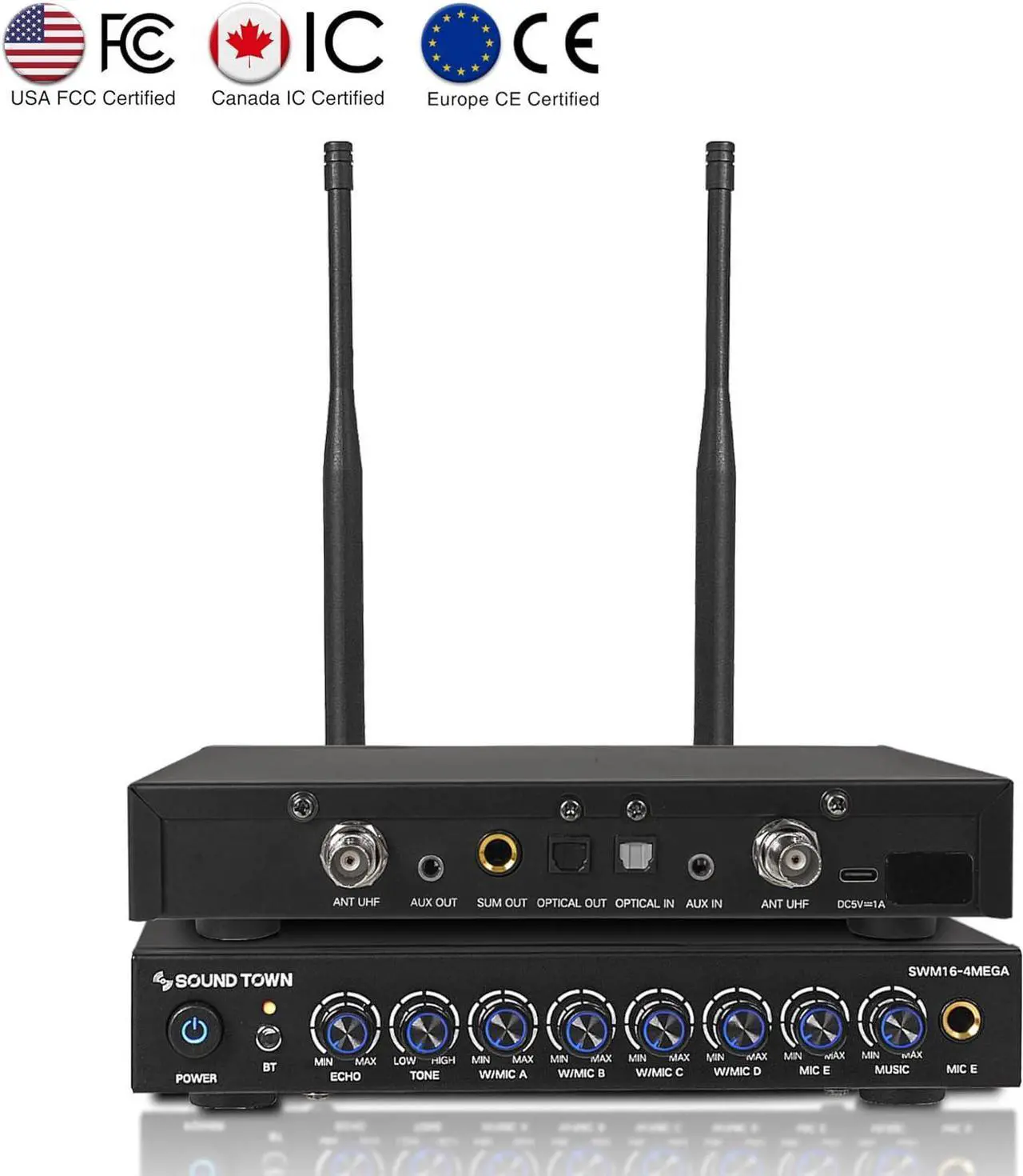 Alt view image 2 of 6 - Sound Town 200 Channels Wireless Microphone  Mixer System, with 4 Metal Handheld Microphones, Optical (Toslink), AUX, for Smart TV, Home Theater, Sound Bar (SWM16-4MEGA)