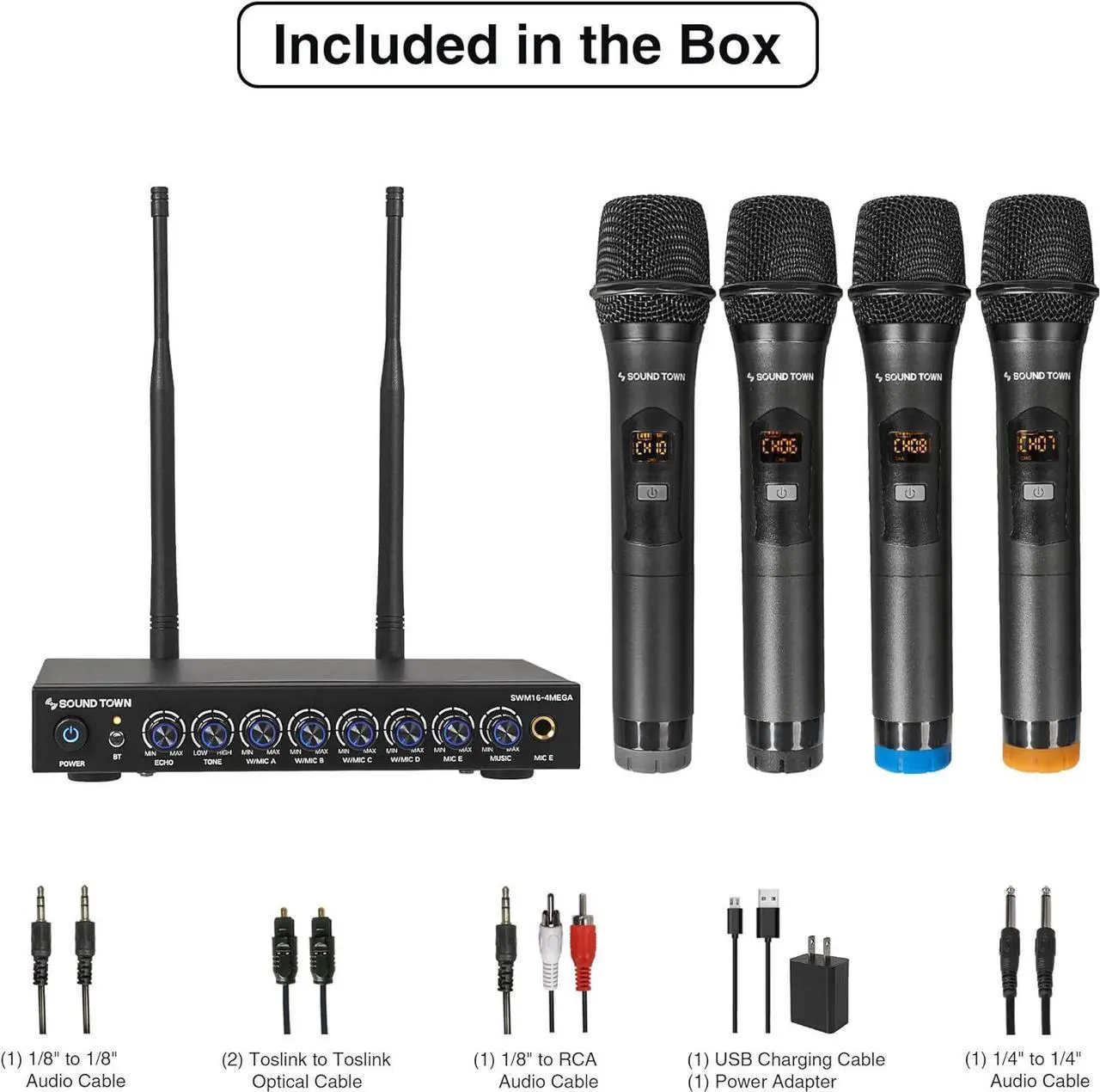 Alt view image 5 of 6 - Sound Town 200 Channels Wireless Microphone  Mixer System, with 4 Metal Handheld Microphones, Optical (Toslink), AUX, for Smart TV, Home Theater, Sound Bar (SWM16-4MEGA)