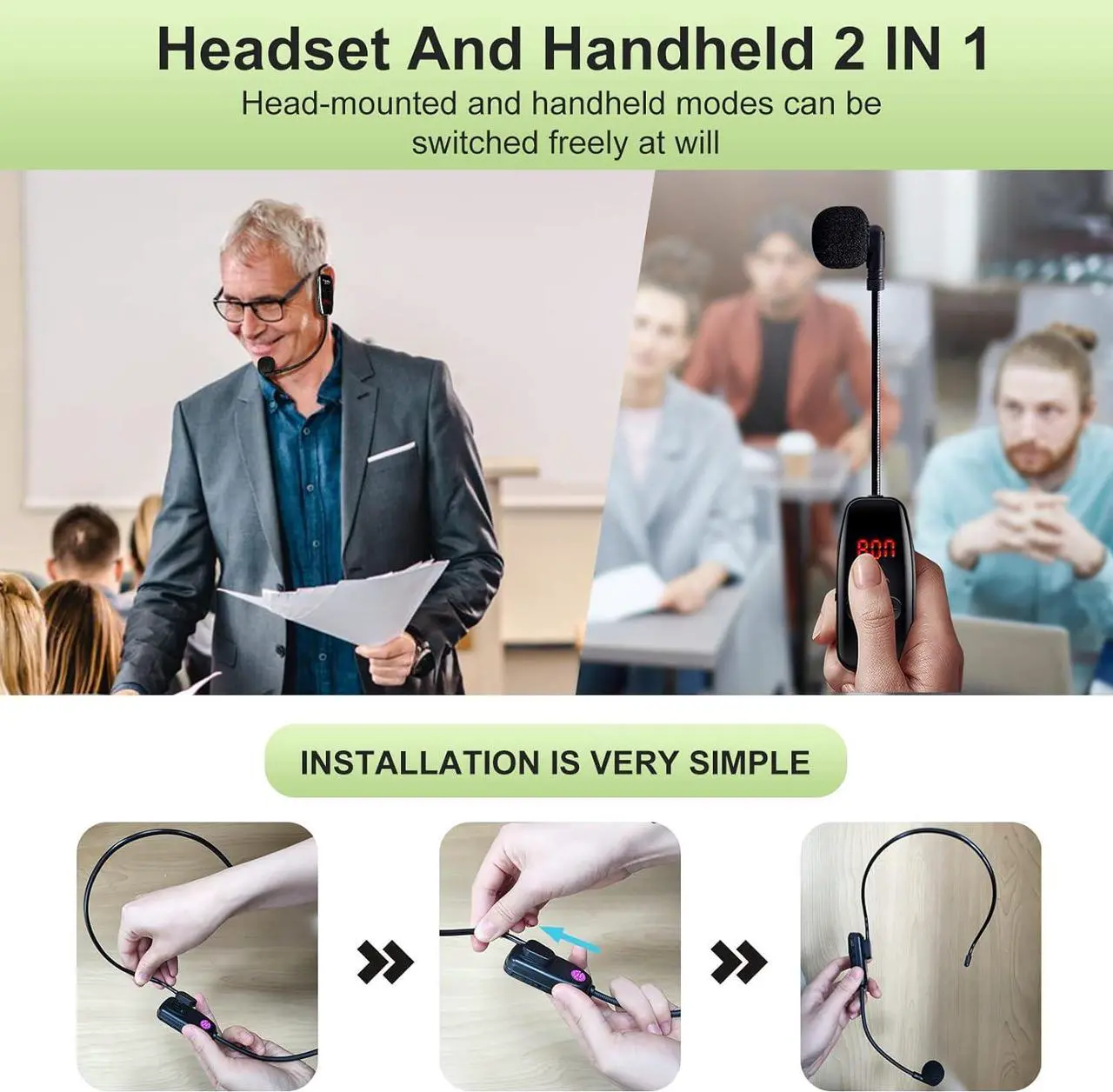 Alt view image 5 of 7 - Wireless Microphone Headset,UHF Dual Headset Microphone System,165FT Range Transmission for Voice Amplifier,PA System,Fitness.Church,Yoga Class