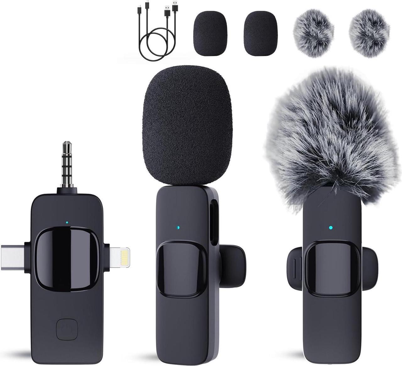 Main image of Wireless Lavalier Microphone for iPhone Android Camera with Furry Windproof Covers, Dual Lavalier Microphone for Interviews, Live Streaming, YouTube, TikTok, Plug-Play, 3-in-1 Receiver