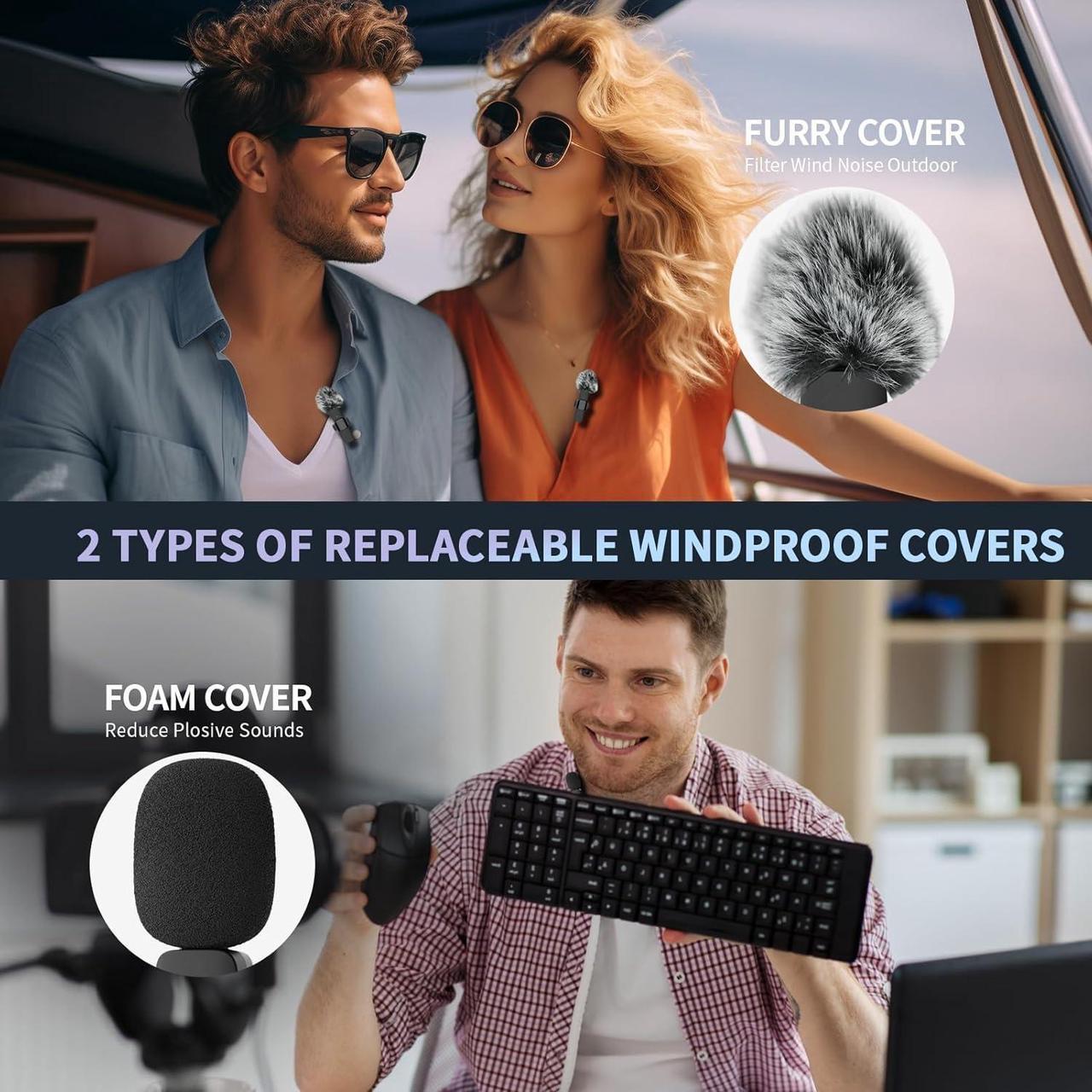 Alt view image 3 of 7 - Wireless Lavalier Microphone for iPhone Android Camera with Furry Windproof Covers, Dual Lavalier Microphone for Interviews, Live Streaming, YouTube, TikTok, Plug-Play, 3-in-1 Receiver