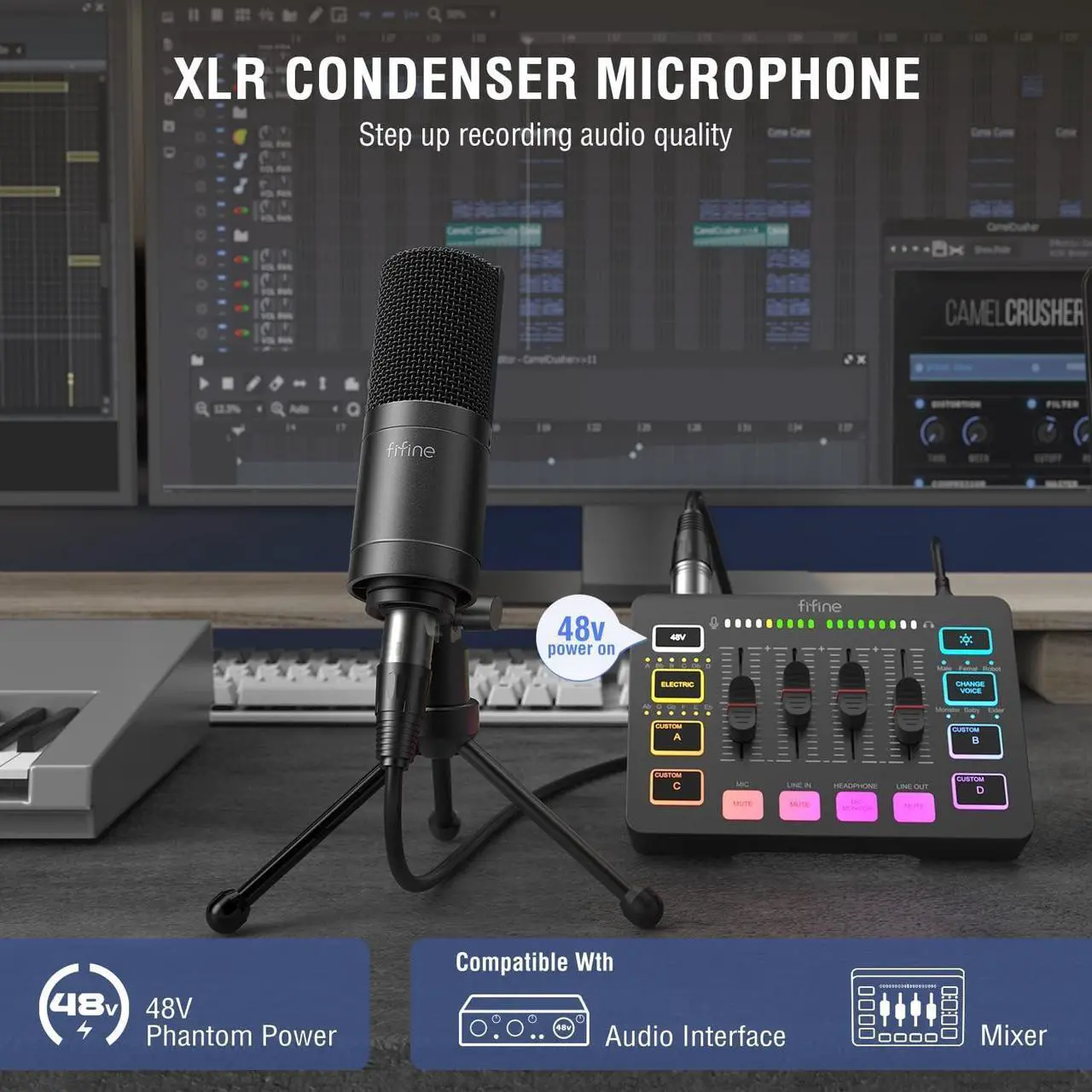Alt view image 3 of 7 - XLR Microphone, Condenser Podcast Mic for Recording, Vocal, Voice-Over Streaming, Podcast, Singing, Cardioid Studio Microphone, Metal Material, Black-K669C