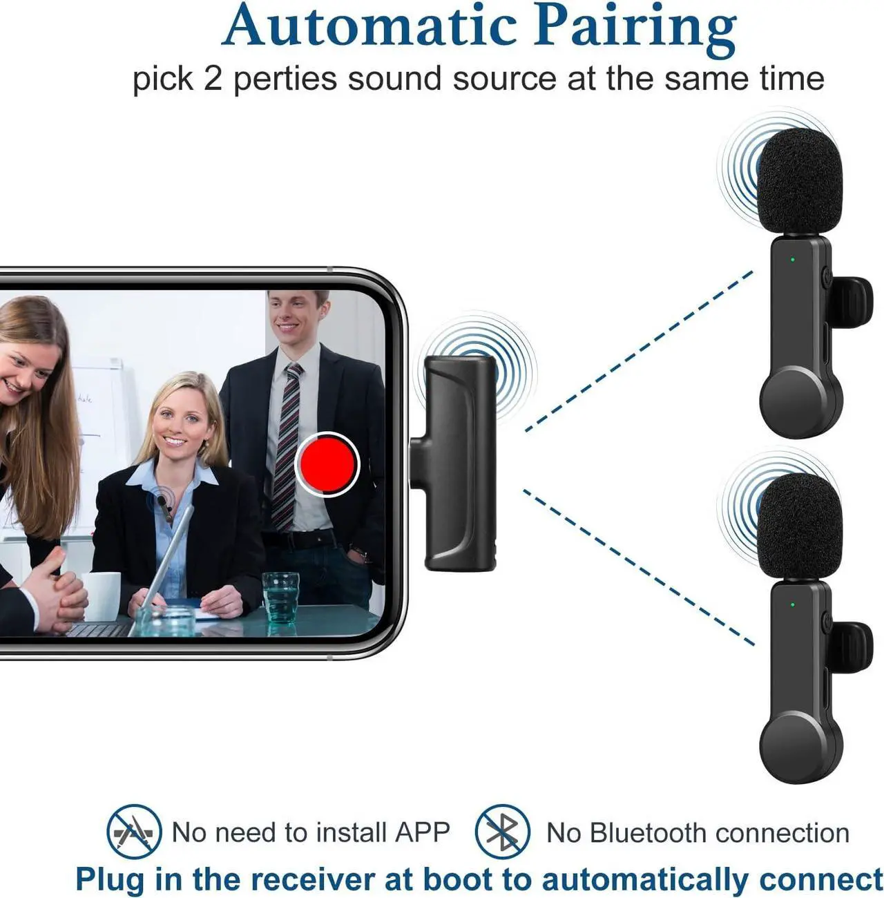 Alt view image 2 of 6 - 2Pcs Wireless Microphone for iPhone iPad, Plug-Play Wireless Lavalier Microphone for Video Recording, TikTok, YouTube, Vloggers, Auto-Sync Noise Reduction Wireless Lapel Mic
