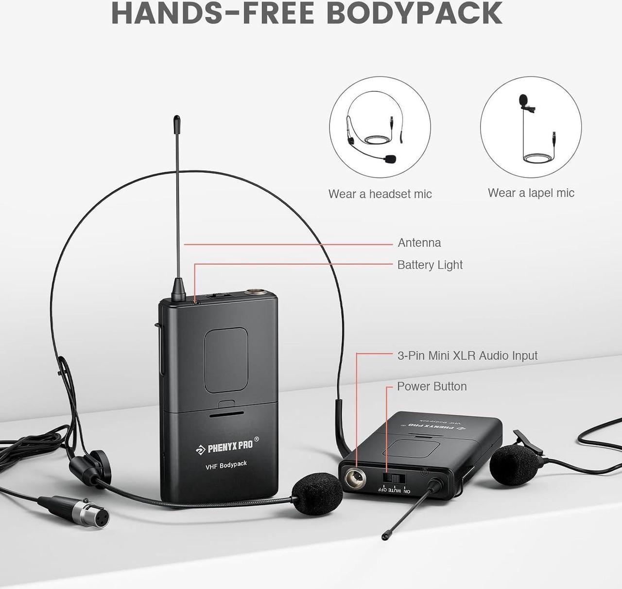 Alt view image 5 of 7 - Phenyx Pro Wireless Microphone System, 4-Channel VHF Wireless Microphone Set with 2 Handhelds/2 Bodypacks/2 Lapels/ 2 Headset, Metal Receiver, Suitable for Church, Meeting, Conference(PTV-2000B)