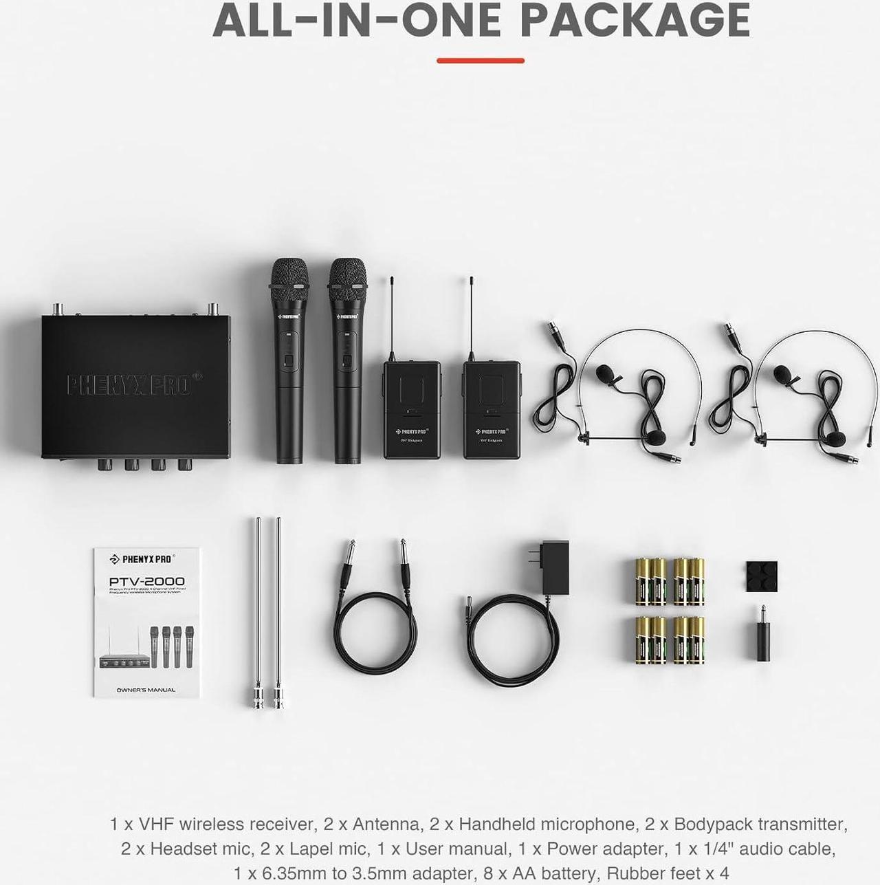 Alt view image 6 of 7 - Phenyx Pro Wireless Microphone System, 4-Channel VHF Wireless Microphone Set with 2 Handhelds/2 Bodypacks/2 Lapels/ 2 Headset, Metal Receiver, Suitable for Church, Meeting, Conference(PTV-2000B)