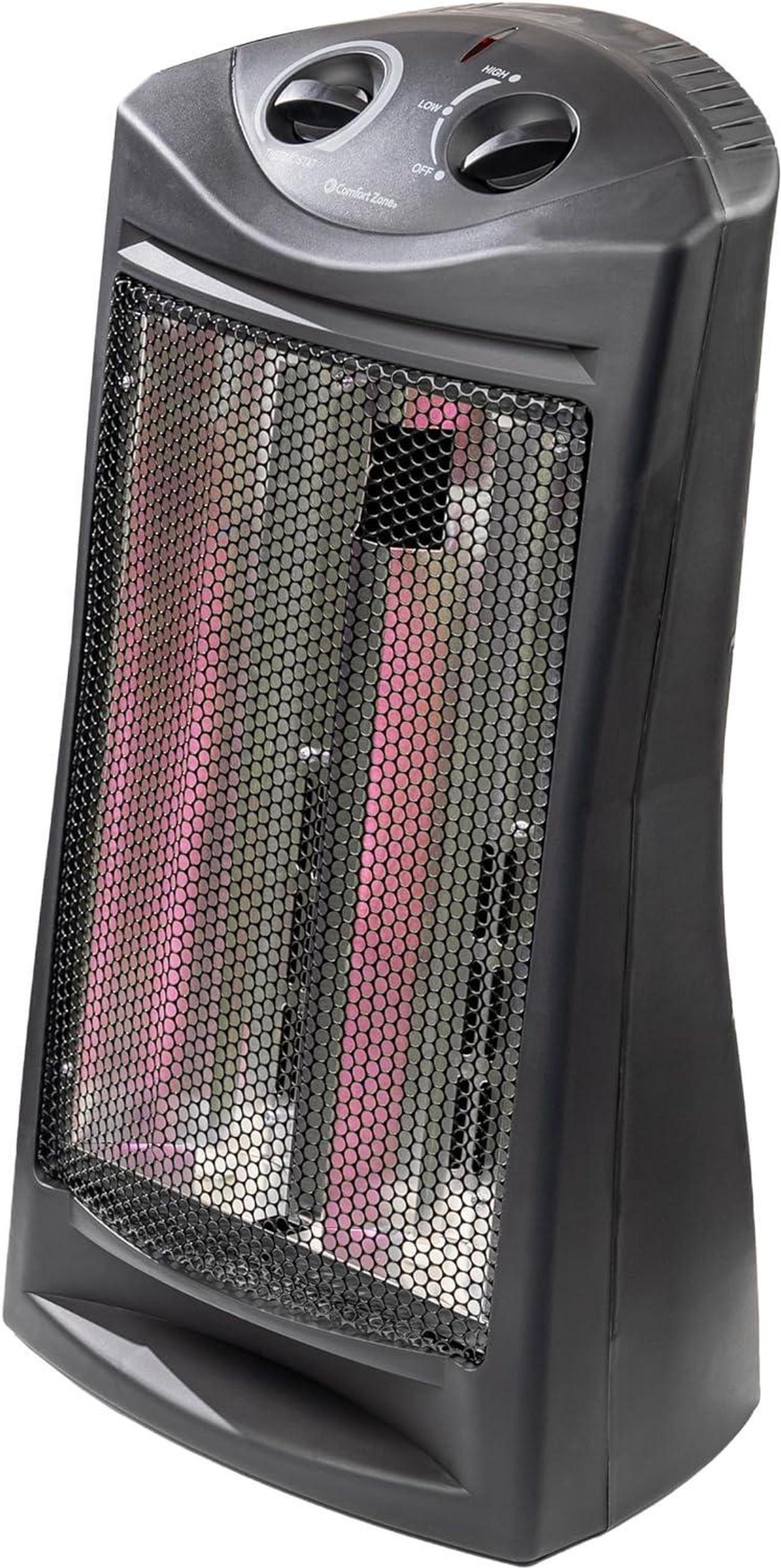 Main image of Comfort Zone Indoor Tower Space Heater, Adjustable Thermostat, Radiant Heat, Electric, Infrared Quartz, 2 Heat Settings, Overheat Protection, Ideal for Home, Bedroom, & Office, 1,500W, CZQTV007BK