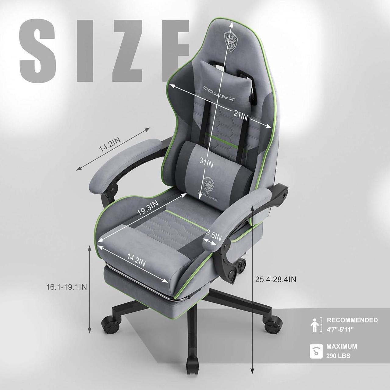 Alt view image 3 of 7 - Dowinx Gaming Chair Fabric with Pocket Spring Cushion, Massage Game Chair Cloth with Headrest, Ergonomic Computer Chair with Footrest 290LBS, Light Grey