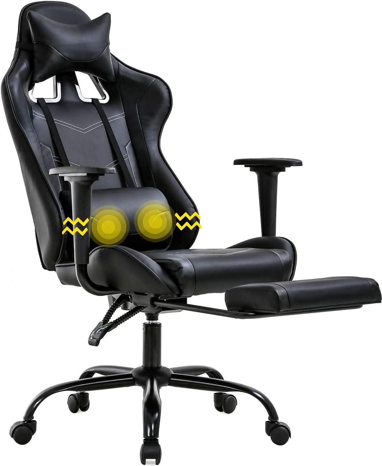 Main image of Massage Gaming Chair with Footrest - Ergonomic PC Office Chair with Lumbar Support, Headrest, Armrest - High Back PU Leather Recliner, Heavy Duty Swivel Gamer Chair, Black