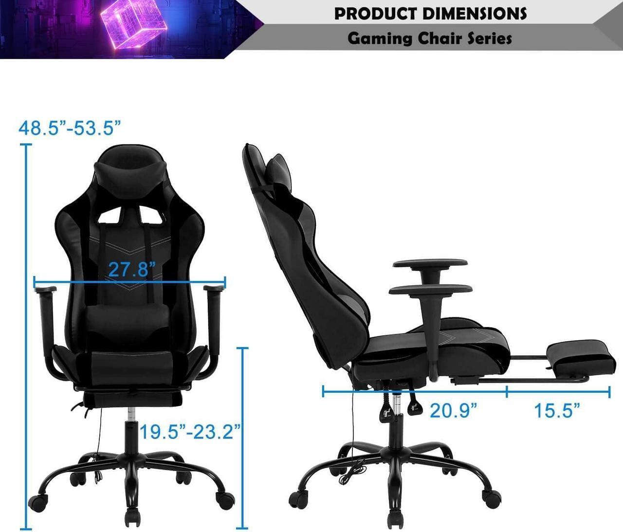 Alt view image 3 of 7 - Massage Gaming Chair with Footrest - Ergonomic PC Office Chair with Lumbar Support, Headrest, Armrest - High Back PU Leather Recliner, Heavy Duty Swivel Gamer Chair, Black