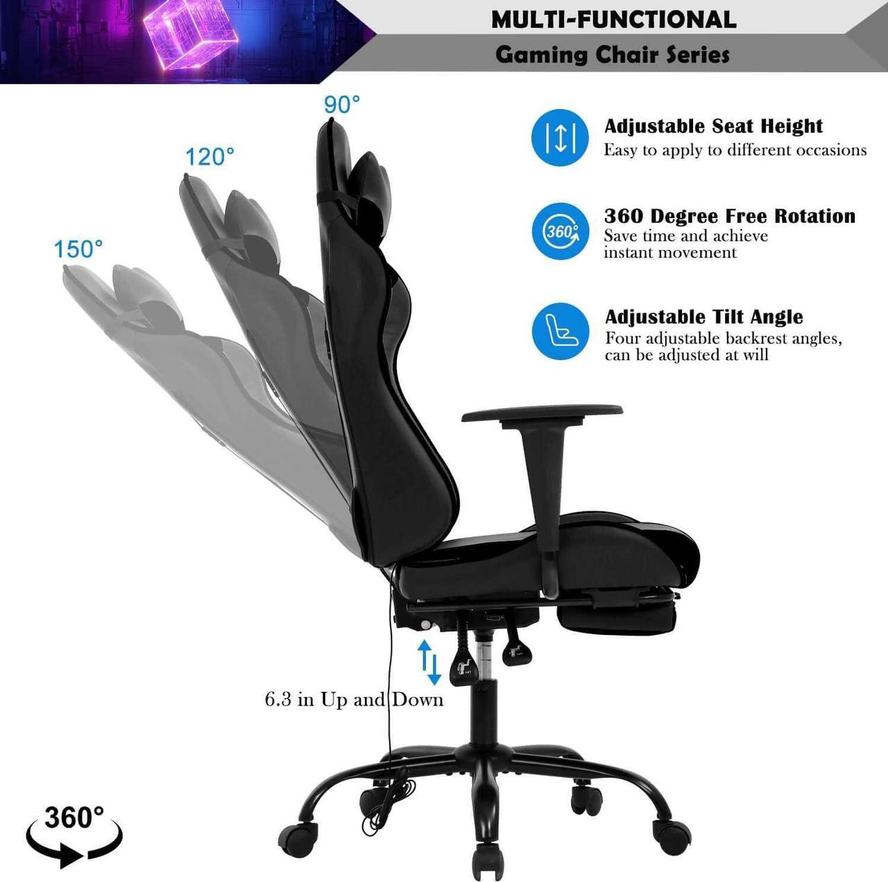 Alt view image 6 of 7 - Massage Gaming Chair with Footrest - Ergonomic PC Office Chair with Lumbar Support, Headrest, Armrest - High Back PU Leather Recliner, Heavy Duty Swivel Gamer Chair, Black