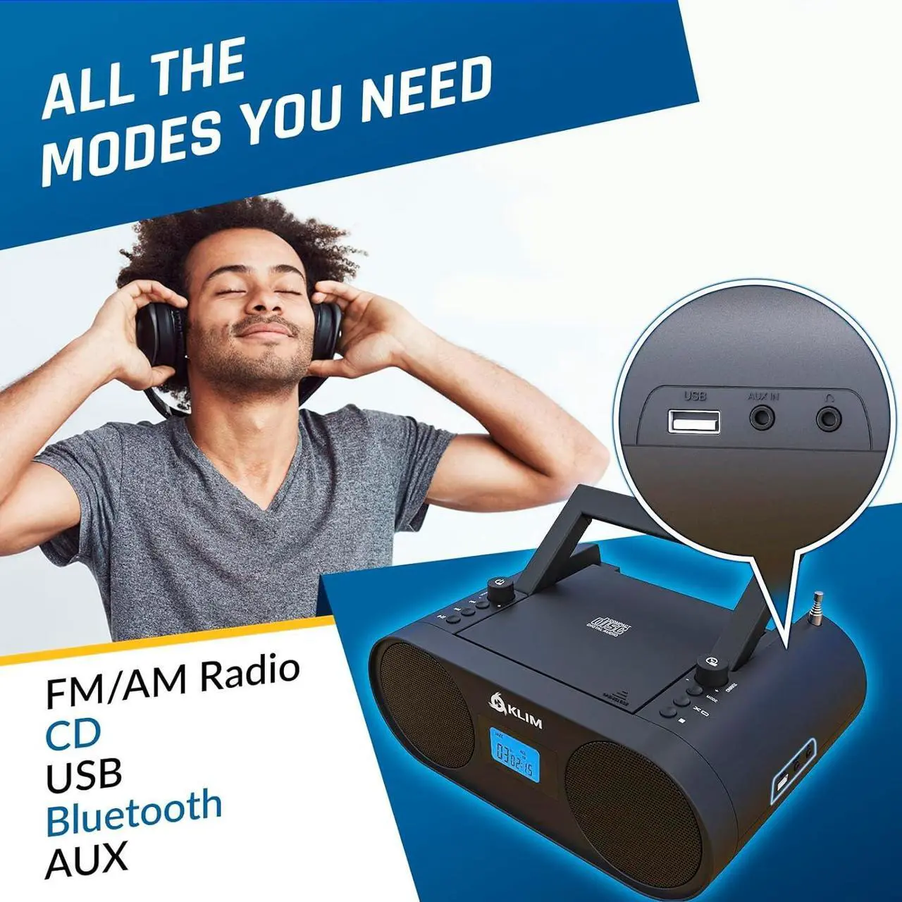 Alt view image 3 of 7 - Boombox B4 CD Player Portable Audio System - NEW - AM/FM Radio with CD Player MP3 Bluetooth AUX USB - Wired & Wireless Mode Rechargeable Battery - Remote Control Autosleep Digital EQ