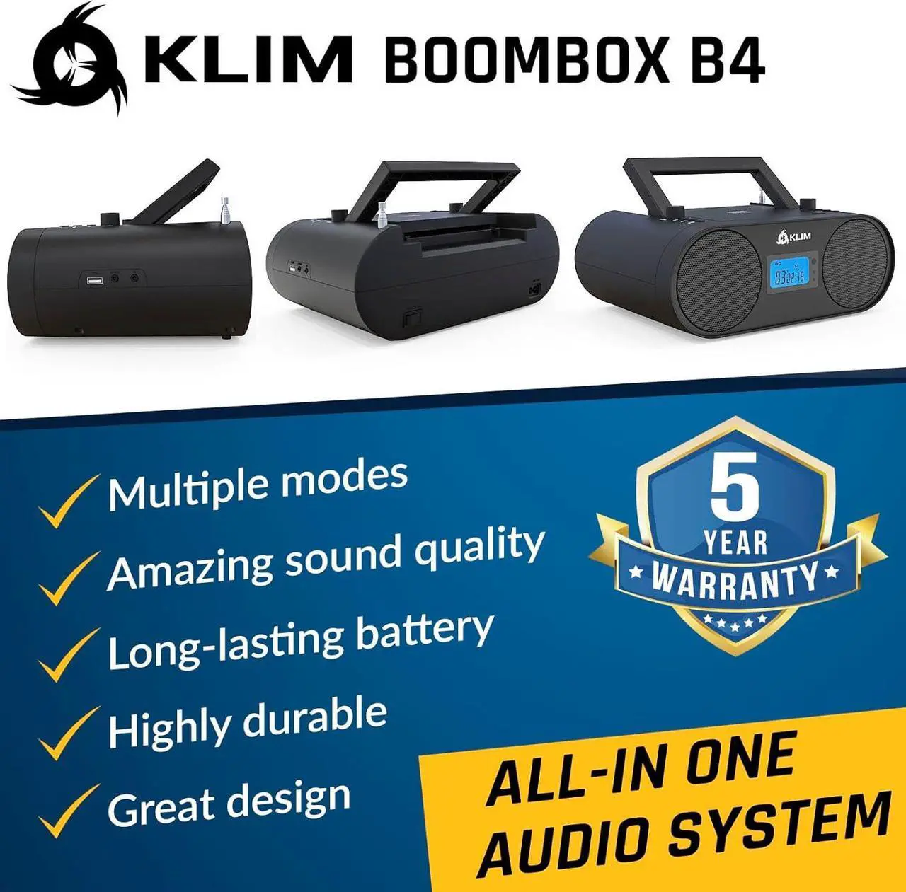 Alt view image 2 of 7 - Boombox B4 CD Player Portable Audio System - NEW - AM/FM Radio with CD Player MP3 Bluetooth AUX USB - Wired & Wireless Mode Rechargeable Battery - Remote Control Autosleep Digital EQ