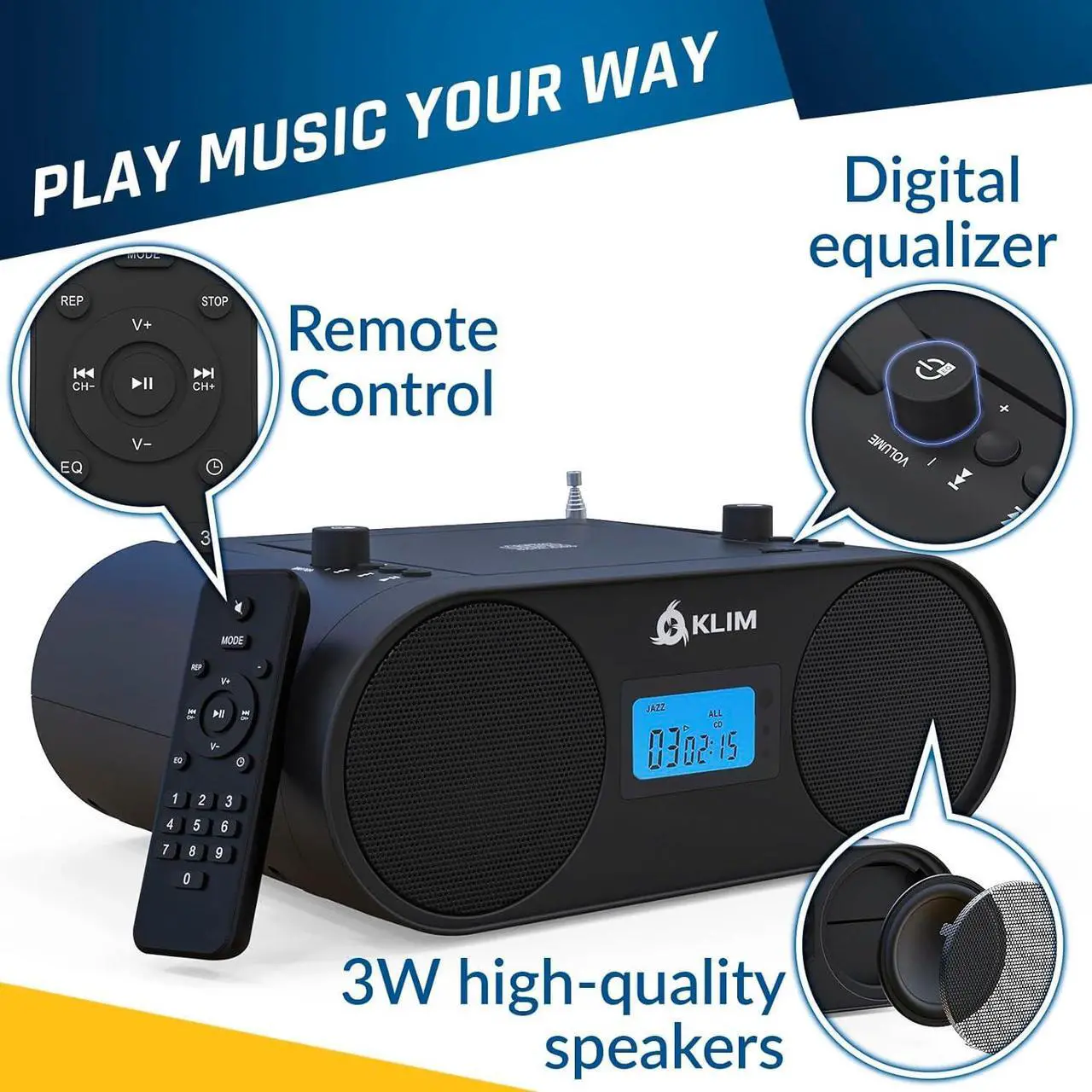 Alt view image 6 of 7 - Boombox B4 CD Player Portable Audio System - NEW - AM/FM Radio with CD Player MP3 Bluetooth AUX USB - Wired & Wireless Mode Rechargeable Battery - Remote Control Autosleep Digital EQ