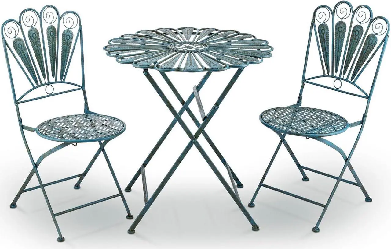 Main image of Alpine Corporation Indoor/Outdoor 3-Piece Peacock Feather Rustic Metal Bistro Set Patio Seating, Light Blue