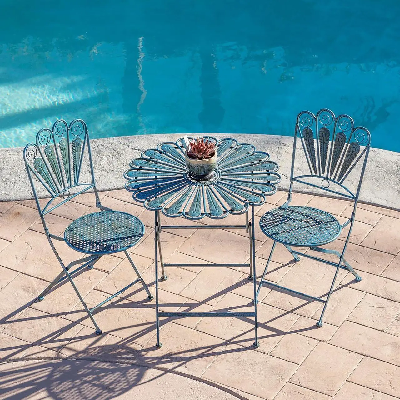 Alt view image 2 of 7 - Alpine Corporation Indoor/Outdoor 3-Piece Peacock Feather Rustic Metal Bistro Set Patio Seating, Light Blue