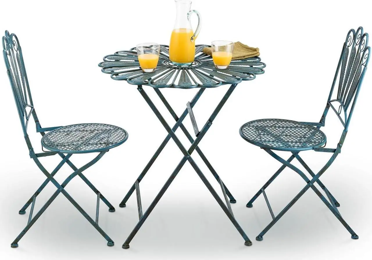 Alt view image 3 of 7 - Alpine Corporation Indoor/Outdoor 3-Piece Peacock Feather Rustic Metal Bistro Set Patio Seating, Light Blue