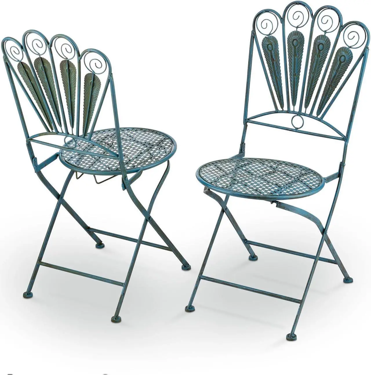Alt view image 4 of 7 - Alpine Corporation Indoor/Outdoor 3-Piece Peacock Feather Rustic Metal Bistro Set Patio Seating, Light Blue