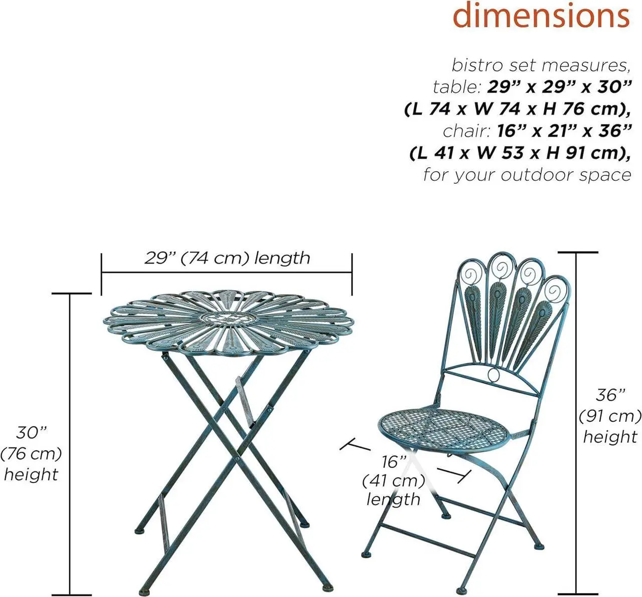 Alt view image 5 of 7 - Alpine Corporation Indoor/Outdoor 3-Piece Peacock Feather Rustic Metal Bistro Set Patio Seating, Light Blue