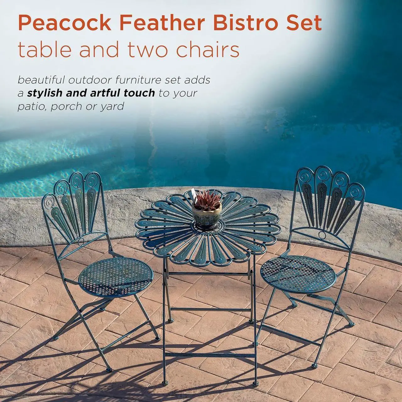 Alt view image 6 of 7 - Alpine Corporation Indoor/Outdoor 3-Piece Peacock Feather Rustic Metal Bistro Set Patio Seating, Light Blue