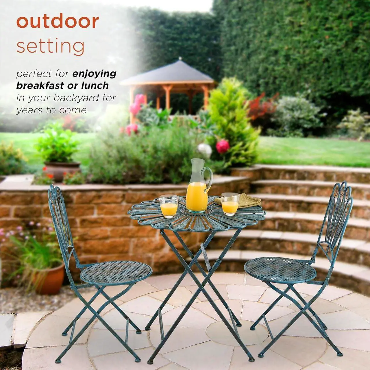 Alt view image 7 of 7 - Alpine Corporation Indoor/Outdoor 3-Piece Peacock Feather Rustic Metal Bistro Set Patio Seating, Light Blue