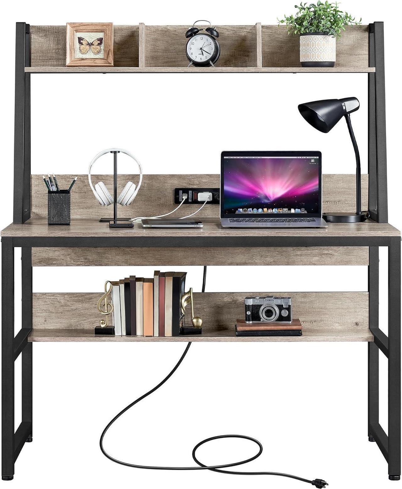Main image of Yaheetech Home Office 47 Inch Writing Desk with Power Outlets and 2 USB Charging Ports for Studying, Gaming Table Computer Desk with Hutch and Bookshelf, Metal Frame Workstation for Office, Gray