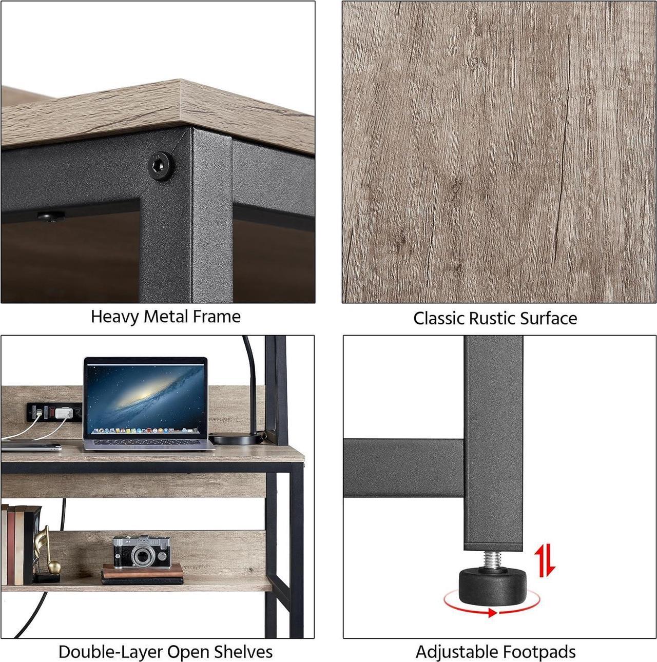 Alt view image 6 of 7 - Yaheetech Home Office 47 Inch Writing Desk with Power Outlets and 2 USB Charging Ports for Studying, Gaming Table Computer Desk with Hutch and Bookshelf, Metal Frame Workstation for Office, Gray