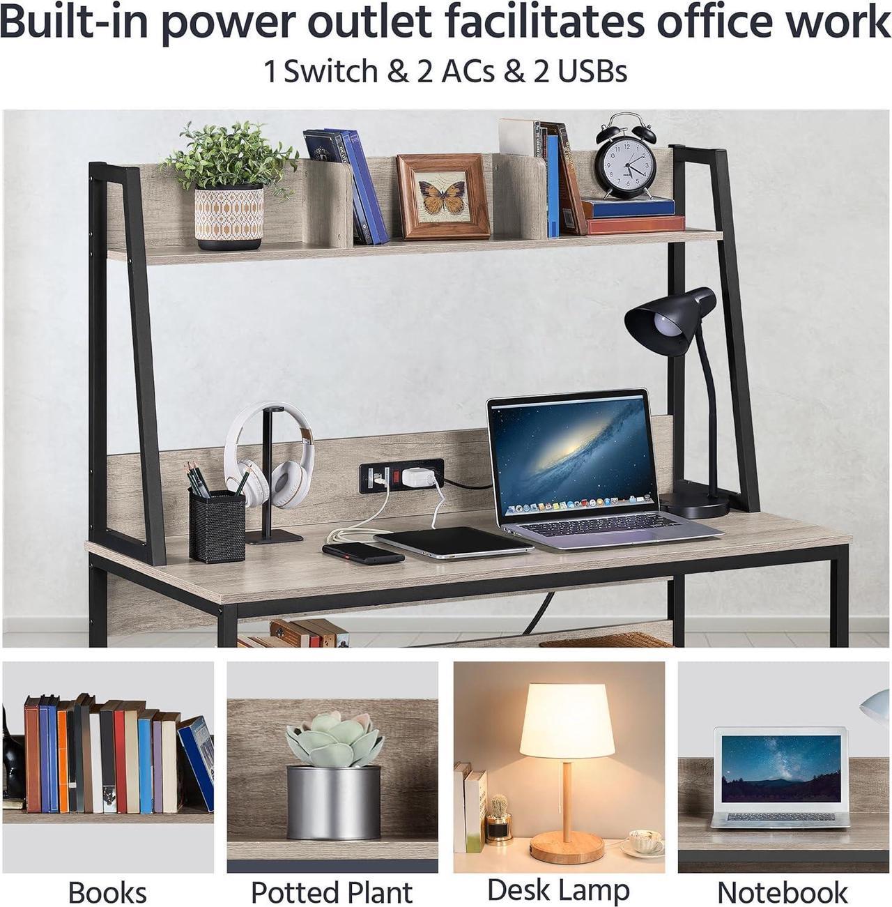 Alt view image 7 of 7 - Yaheetech Home Office 47 Inch Writing Desk with Power Outlets and 2 USB Charging Ports for Studying, Gaming Table Computer Desk with Hutch and Bookshelf, Metal Frame Workstation for Office, Gray