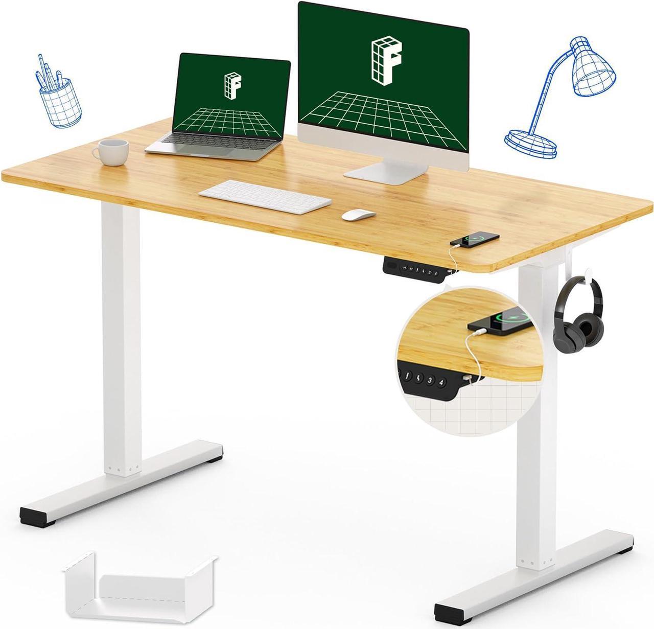 FLEXISPOT Adjustable Desk Quick Assembly Electric Standing Desk with 48 x 24 Inches Whole-Piece Ergonomic Memory Controller Sit Stand Desk(White Frame + 48" Bamboo Texture Desktop)