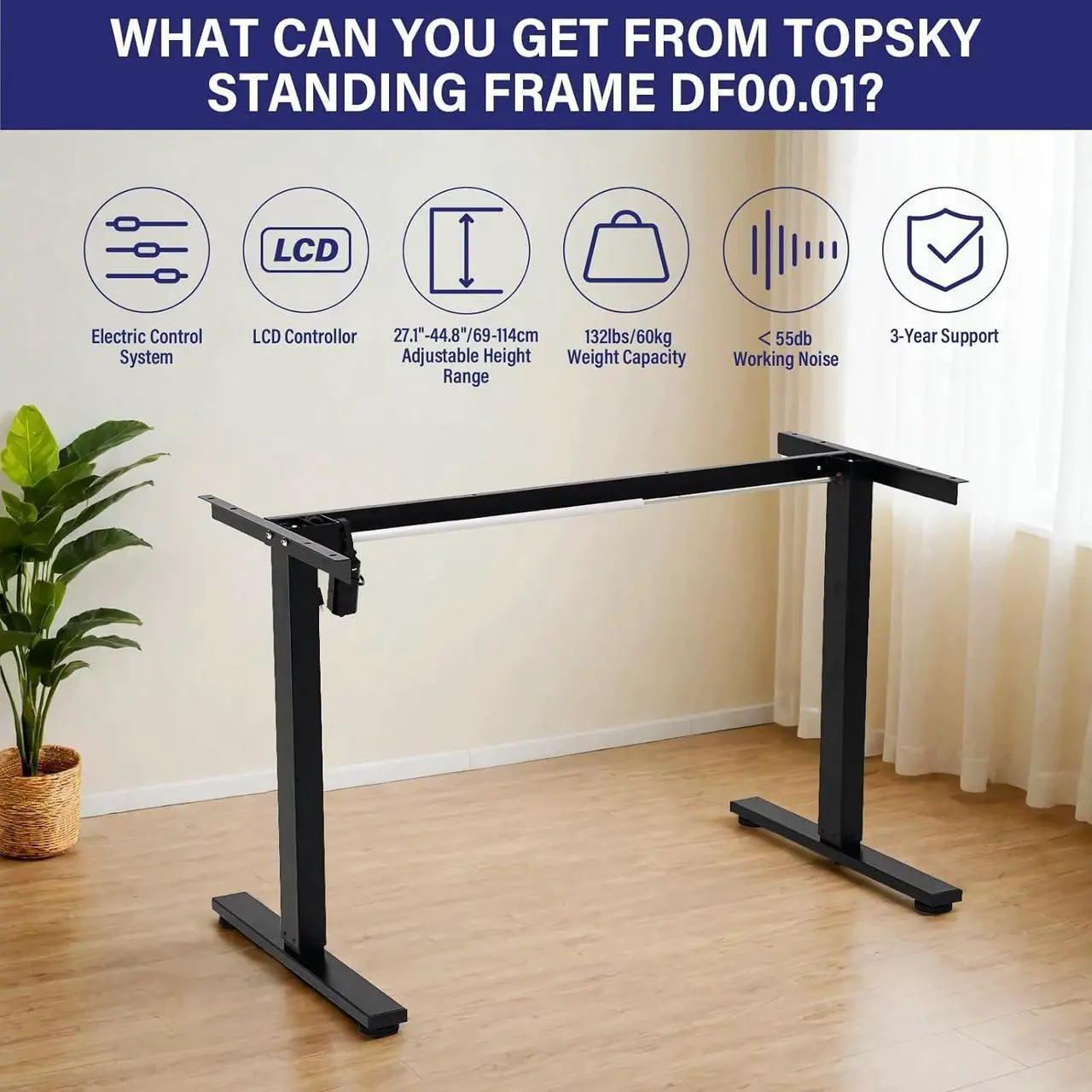 Alt view image 3 of 7 - TOPSKY Single Motor 2-Stage Electric Adjustable Standing Computer Desk for Home and Office with 27.1"-44.8" Adjustable Height Range DF00.01 (Black Frame only)