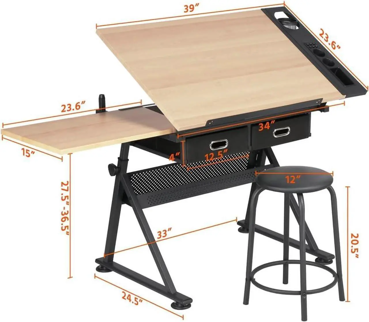 Alt view image 3 of 7 - Yaheetech Height Adjustable Drafting Table Drawing Table Artist Desk Tilting Tabletop Art Craft Desk Watercolor Paintings Sketching Work Station w/2 Storage Drawers and Stool for Home Office