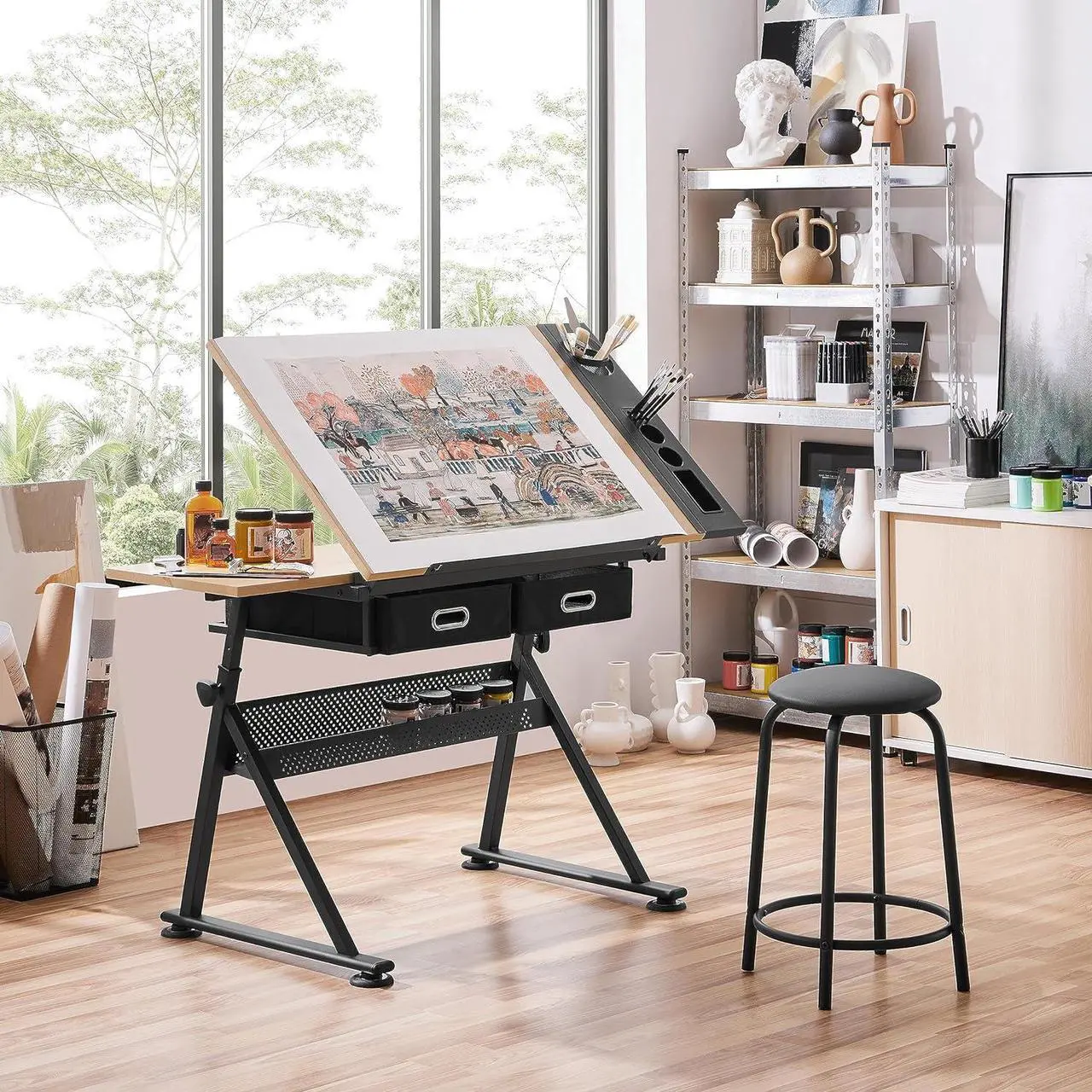 Alt view image 2 of 7 - Yaheetech Height Adjustable Drafting Table Drawing Table Artist Desk Tilting Tabletop Art Craft Desk Watercolor Paintings Sketching Work Station w/2 Storage Drawers and Stool for Home Office