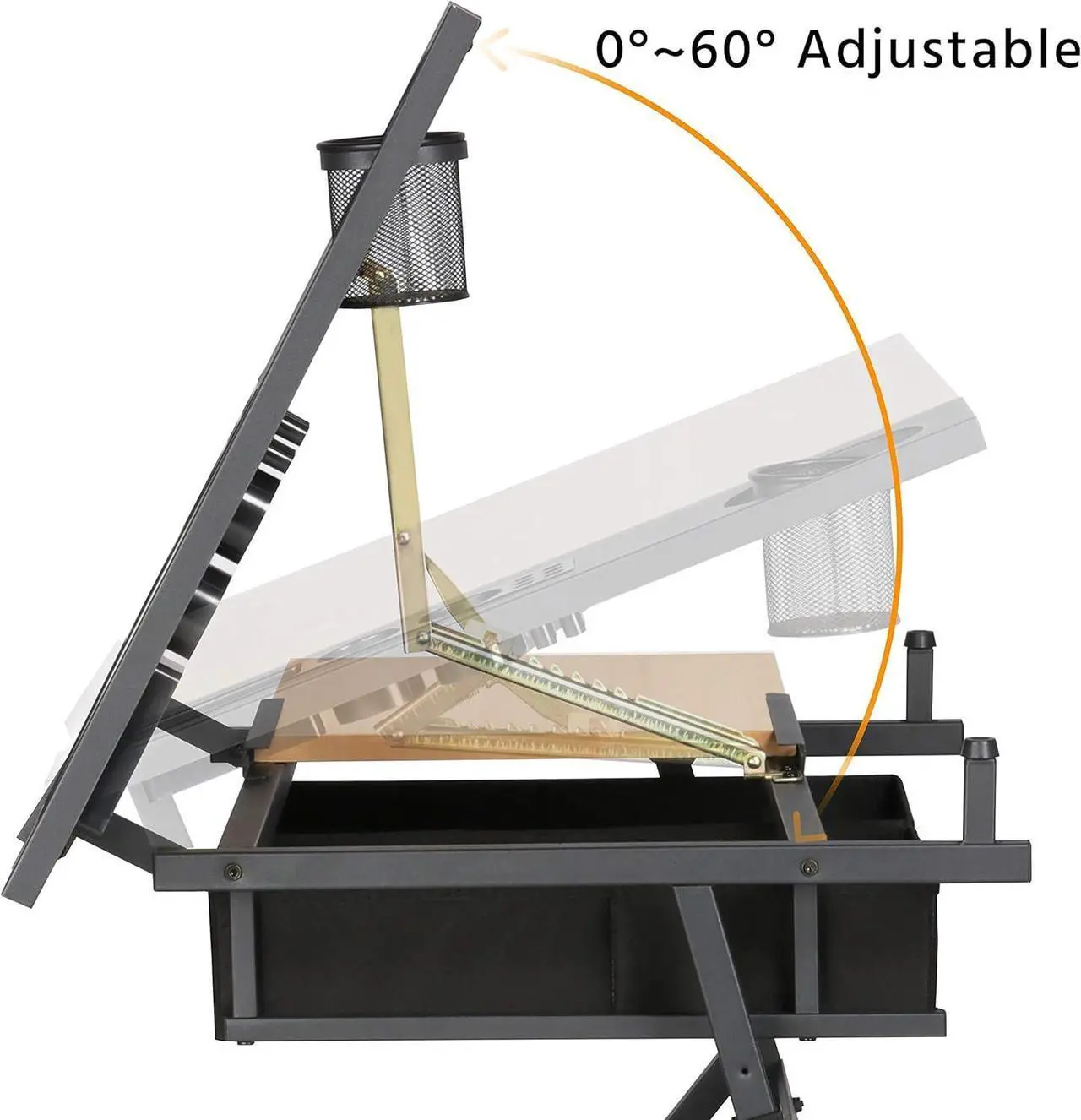Alt view image 5 of 7 - Yaheetech Height Adjustable Drafting Table Drawing Table Artist Desk Tilting Tabletop Art Craft Desk Watercolor Paintings Sketching Work Station w/2 Storage Drawers and Stool for Home Office