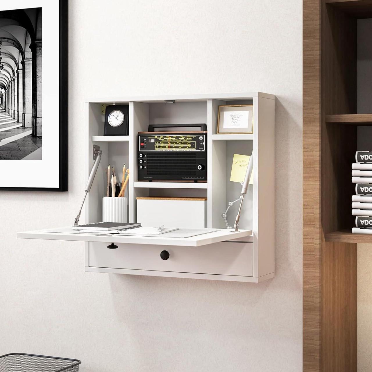 Alt view image 2 of 7 - Folding Wall Desk, Wood Wall Mounted Desk with Storage Drawer and Shelves, Fold Down Wall Mount Laptop Desk, Corner Floating Desk for Small Spaces (White)