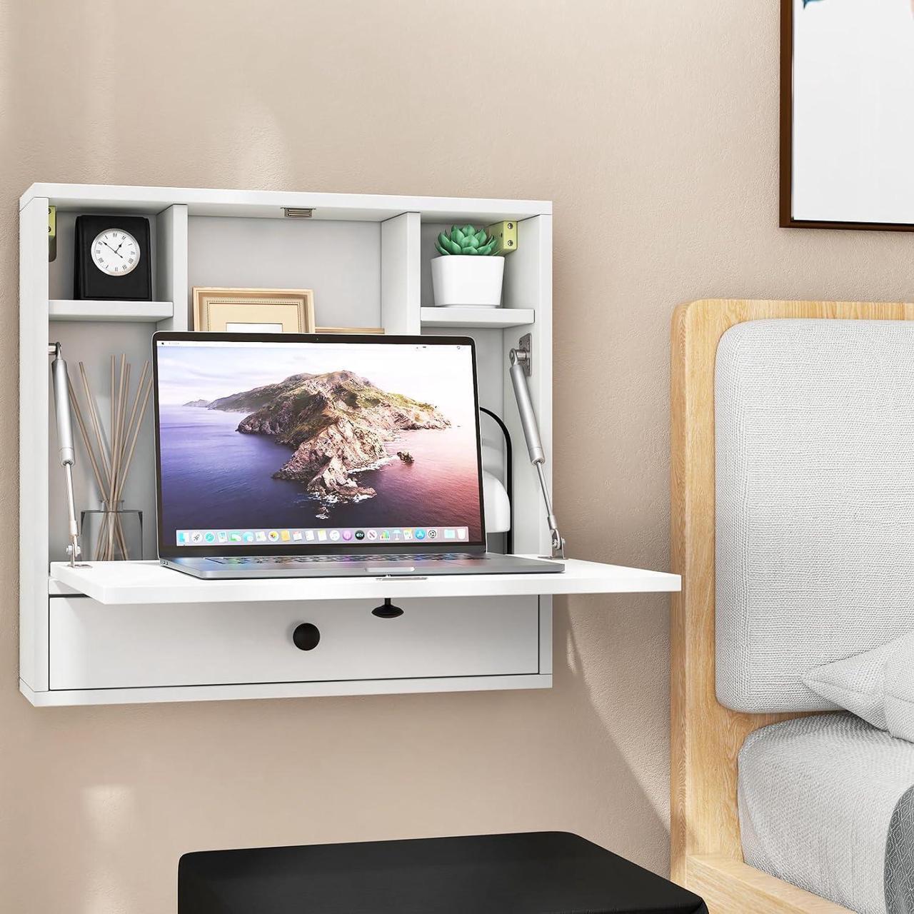 Alt view image 4 of 7 - Folding Wall Desk, Wood Wall Mounted Desk with Storage Drawer and Shelves, Fold Down Wall Mount Laptop Desk, Corner Floating Desk for Small Spaces (White)