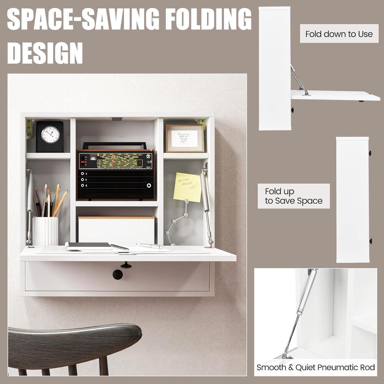 Alt view image 5 of 7 - Folding Wall Desk, Wood Wall Mounted Desk with Storage Drawer and Shelves, Fold Down Wall Mount Laptop Desk, Corner Floating Desk for Small Spaces (White)