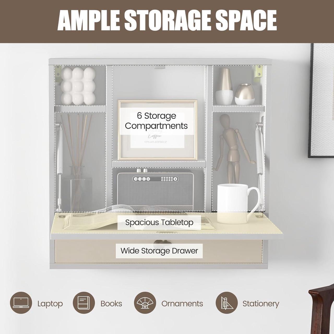 Alt view image 6 of 7 - Folding Wall Desk, Wood Wall Mounted Desk with Storage Drawer and Shelves, Fold Down Wall Mount Laptop Desk, Corner Floating Desk for Small Spaces (White)
