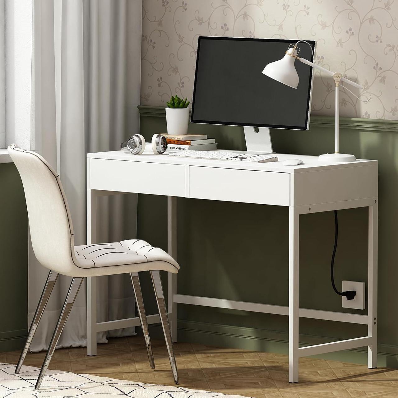 Main image of Treocho Computer Desk with USB Charging Ports and Power Outlets, Modern Simple 40 inch White Desk with 2 Drawers, Vanity Desk, Makeup Table for Home Office, Bedroom