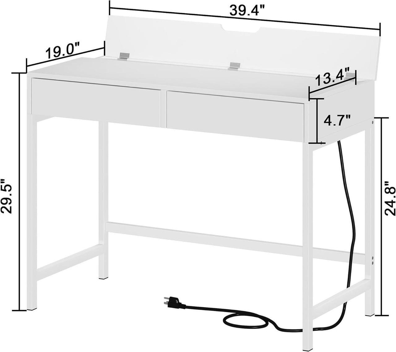 Alt view image 2 of 7 - Treocho Computer Desk with USB Charging Ports and Power Outlets, Modern Simple 40 inch White Desk with 2 Drawers, Vanity Desk, Makeup Table for Home Office, Bedroom
