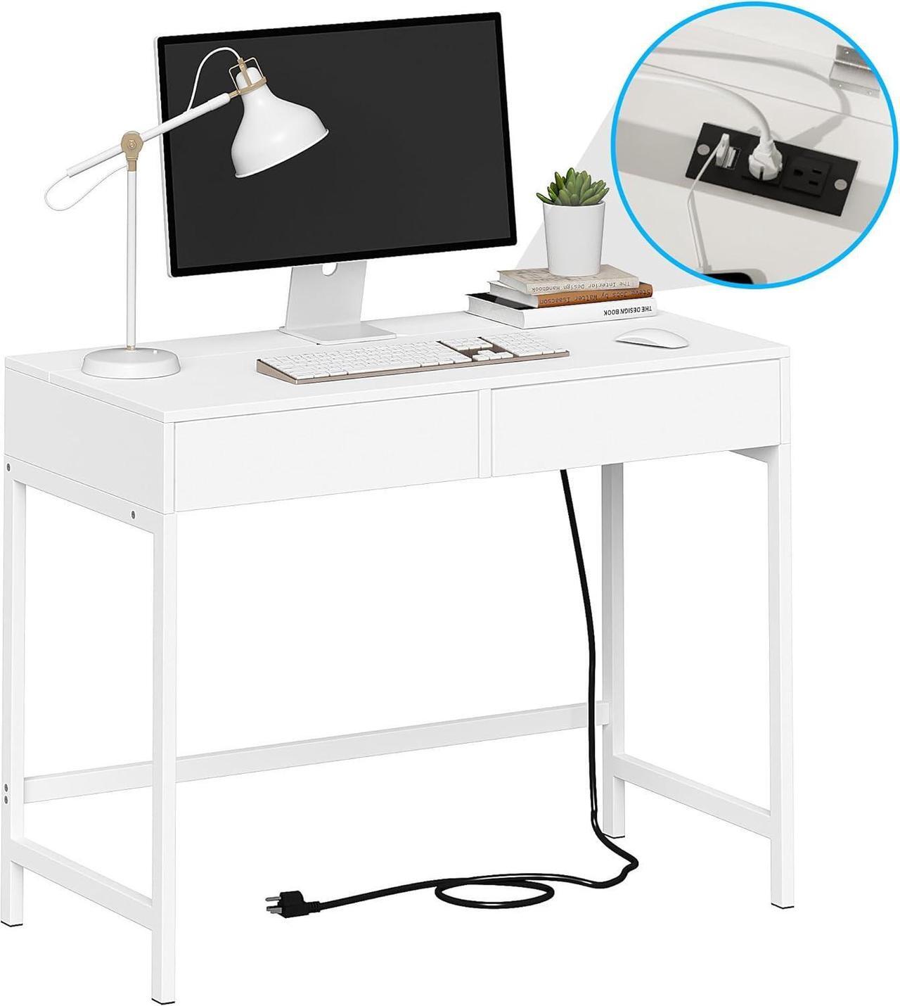 Alt view image 3 of 7 - Treocho Computer Desk with USB Charging Ports and Power Outlets, Modern Simple 40 inch White Desk with 2 Drawers, Vanity Desk, Makeup Table for Home Office, Bedroom