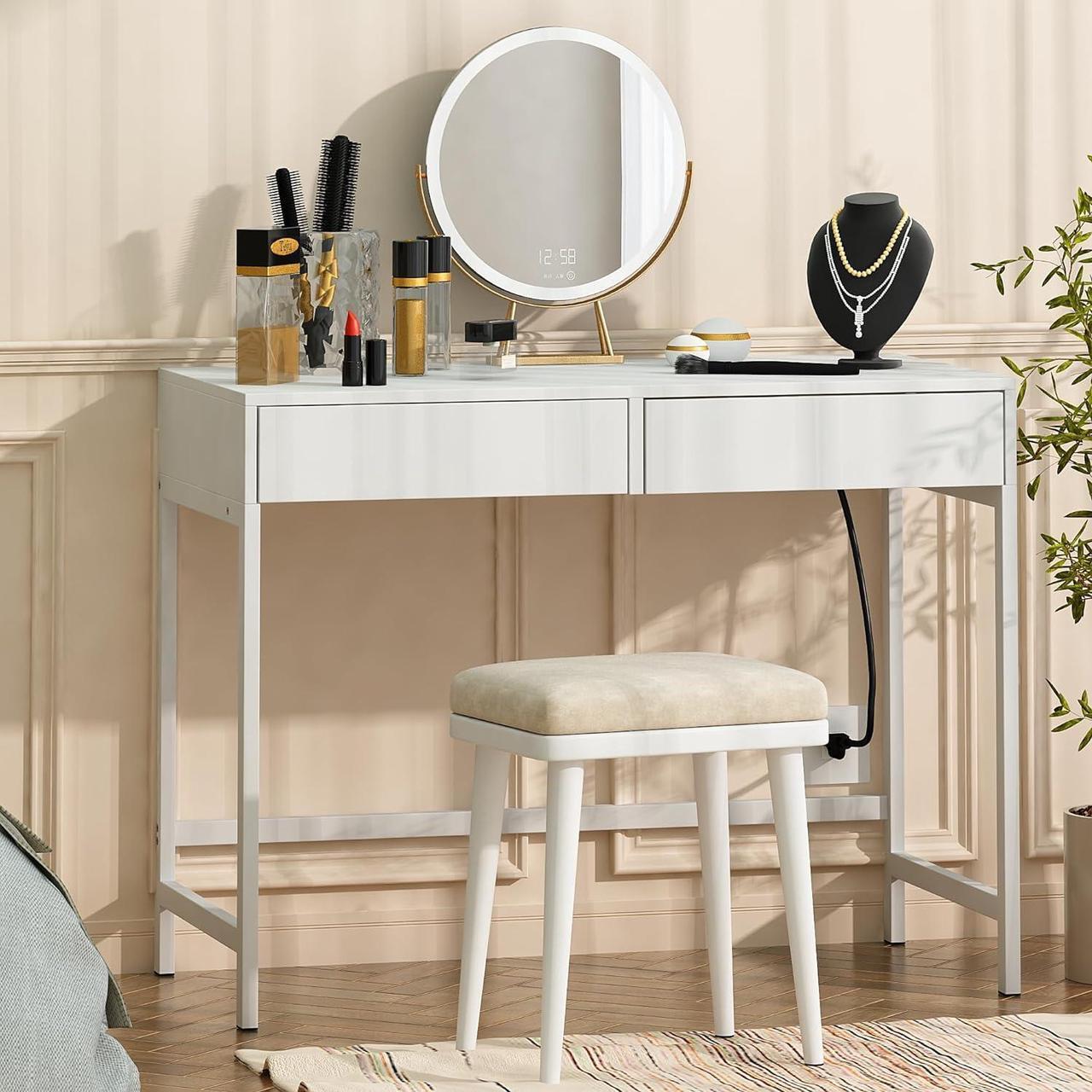 Alt view image 4 of 7 - Treocho Computer Desk with USB Charging Ports and Power Outlets, Modern Simple 40 inch White Desk with 2 Drawers, Vanity Desk, Makeup Table for Home Office, Bedroom