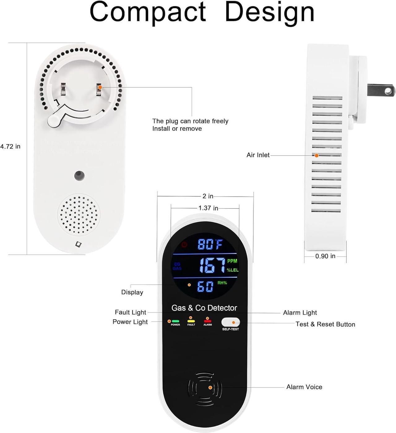 Alt view image 2 of 6 - Combination Natural Gas Detector & Carbon Monoxide Detector, 4-in-1 Carbon Monoxide Alarm,Fahrenheit(°F) & Humidity,Propane,Methane,Gas Detector Alarm & CO Detector for Home,RV,Apartment