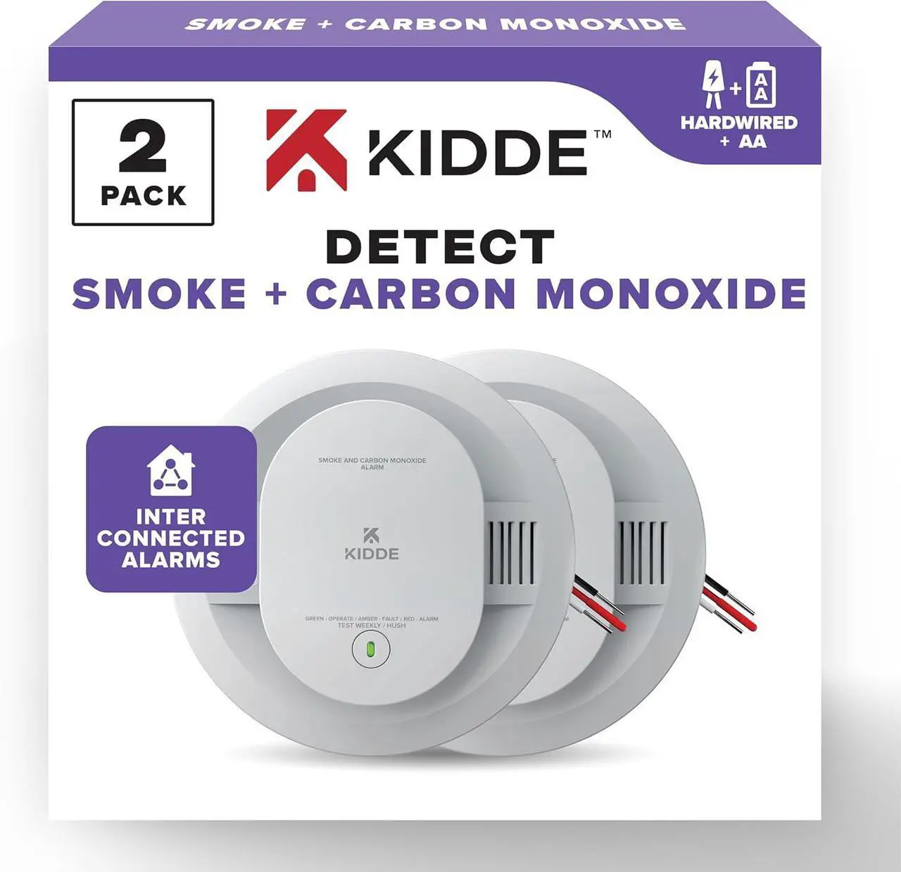 Main image of Kidde Hardwired Smoke & Carbon Monoxide Detector, AA Battery Backup Smoke Alarm, Interconnectable, LED Warning Light Indicators, 2 Pack