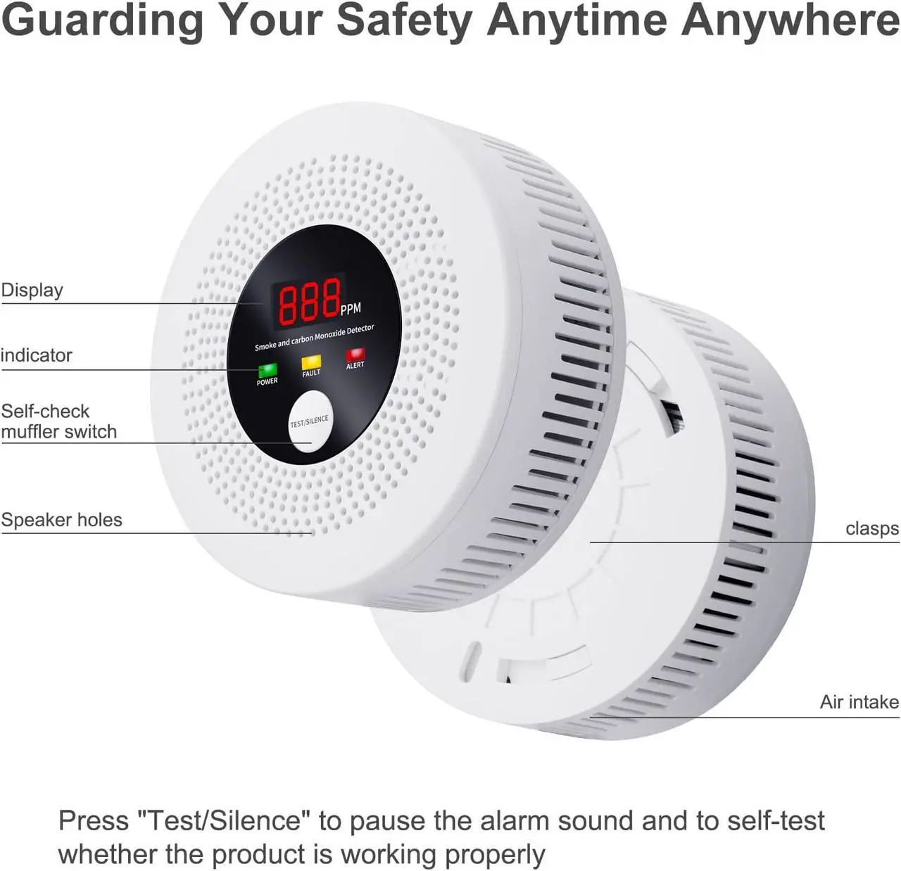 Alt view image 3 of 7 - 2-in-1 Smoke and Carbon Monoxide Detector 10-Year Battery-Powered CO Alarm with Clear LCD Display and Sound Warning for Home Reliable Detector for Enhanced Safety and Protection (Includes Batteries)