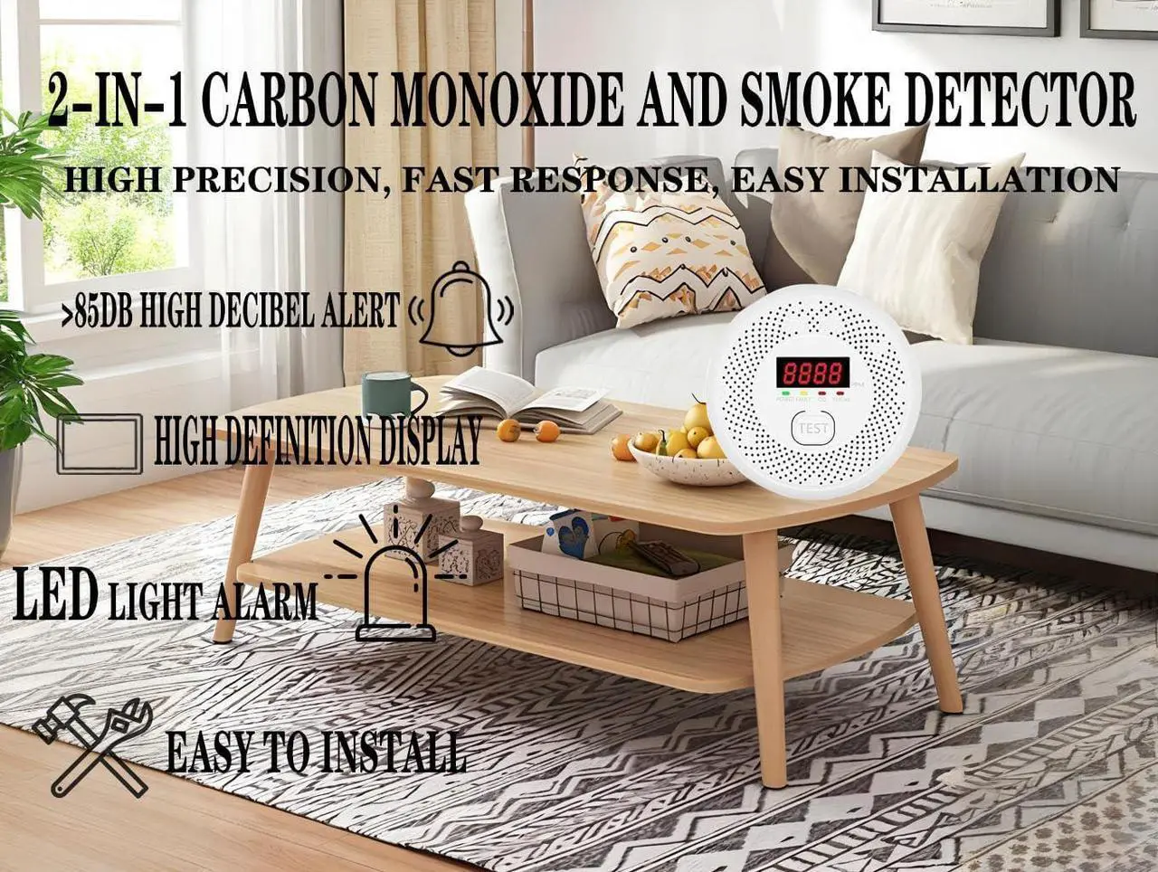 Alt view image 5 of 7 - Carbon Monoxide and Smoke Detector, LCD Display, Battery Powered, Dual sensors, 85dB Voice Alarm and Real-time Tracking, Suitable for Home/Kitchen/Bedroom/RV (Small Screen, 2Pack-CO&Smoke)