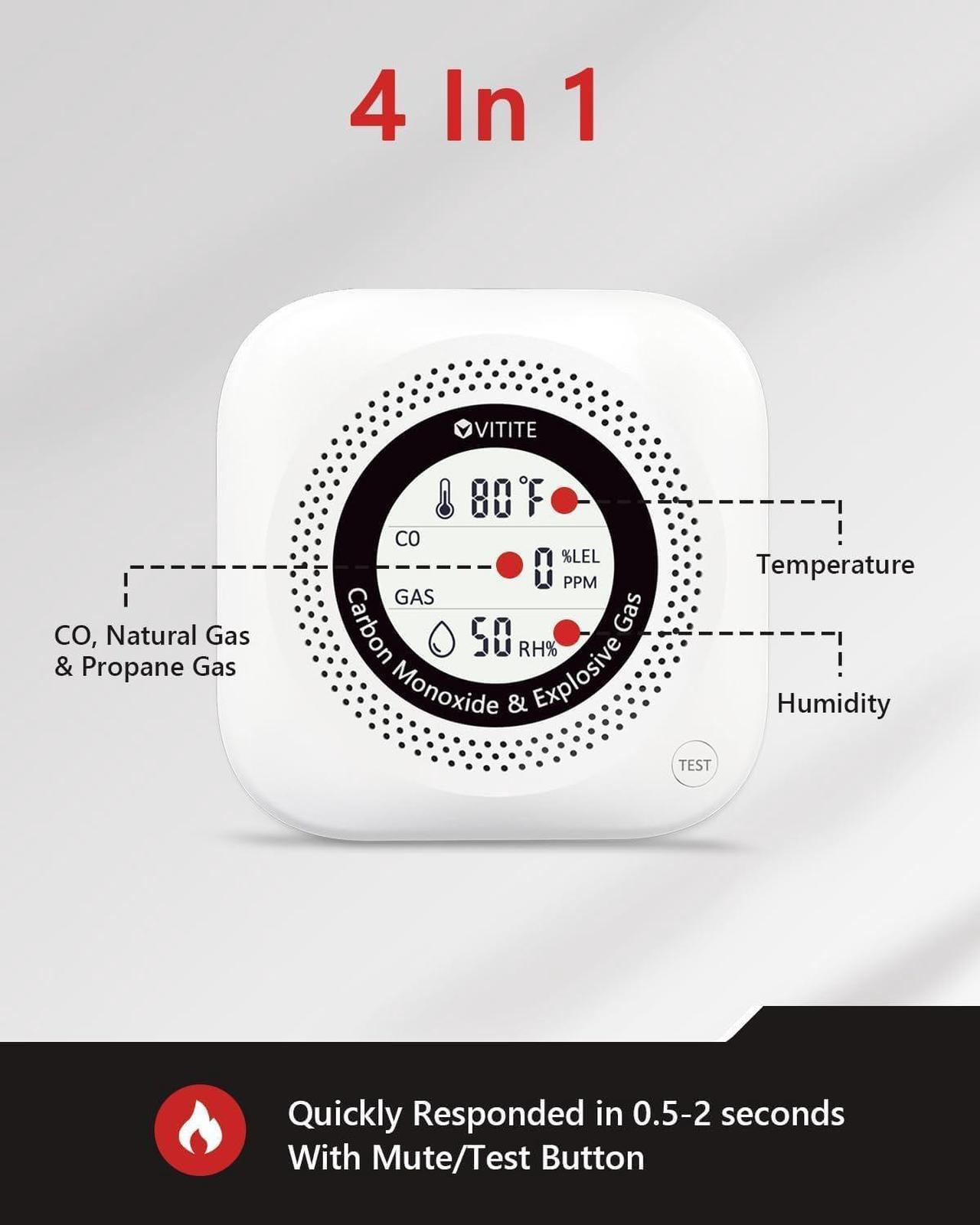Alt view image 5 of 7 - Carbon Monoxide Detectors Plug in, 4 in 1 Natural Gas, CO, Propane, Temp, Humidity & Explosive Gas Alarm for Home, Hotel, Kitchen, Camper