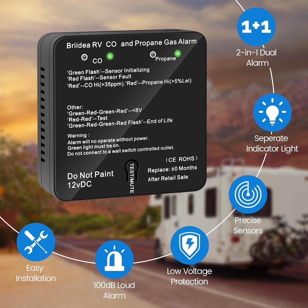 Alt view image 3 of 7 - RV Carbon Monoxide & Propane Gas Alarm, Briidea Dual LP/CO Alarm, Separate LED Indicators, 100dB Loud, Early Warning Safety System, 12 VDC, Black