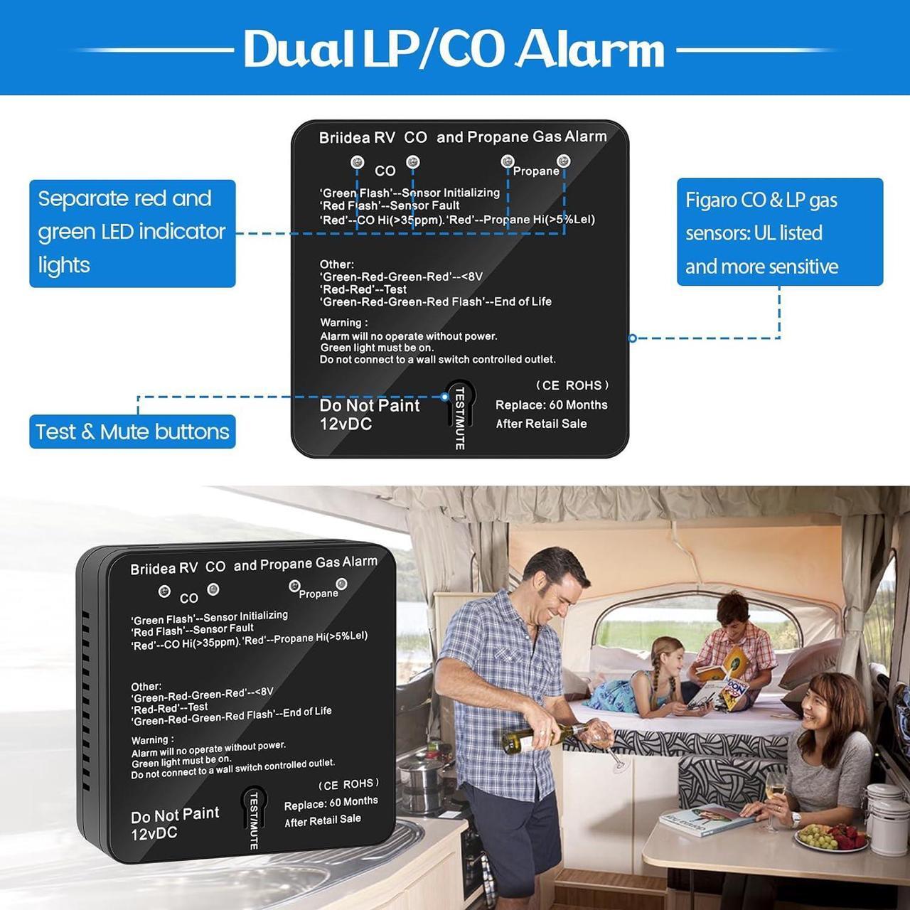 Alt view image 4 of 7 - RV Carbon Monoxide & Propane Gas Alarm, Briidea Dual LP/CO Alarm, Separate LED Indicators, 100dB Loud, Early Warning Safety System, 12 VDC, Black
