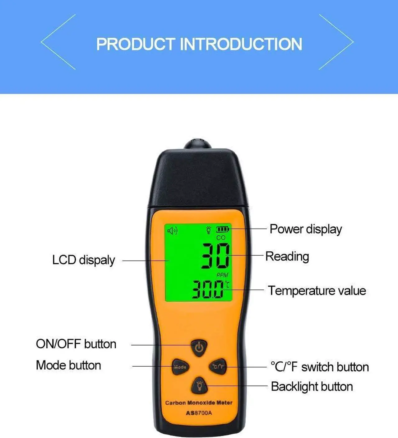 Alt view image 3 of 7 - Handheld Carbon Monoxide Meter, Portable Carbon Monoxide Detector, Professional-Grade CO Gas Tester with LCD Backlit Display, 0-1000PPM Range for Industrial and Home (Battery Not Included)