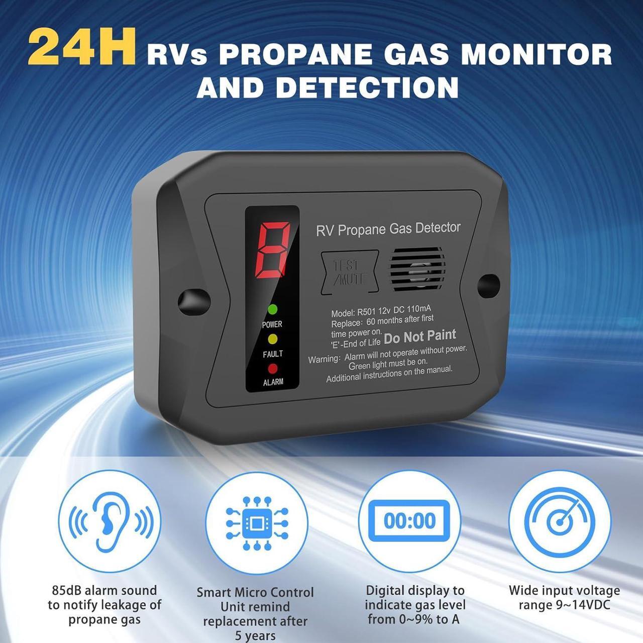 Alt view image 3 of 6 - R501 RV Propane Gas Detector for Motor Home, Travel Trailer, Van Camper and Truck Camper, LP Gas Leak Monitor, Audible and Visual Alarm,DC 12V, Black